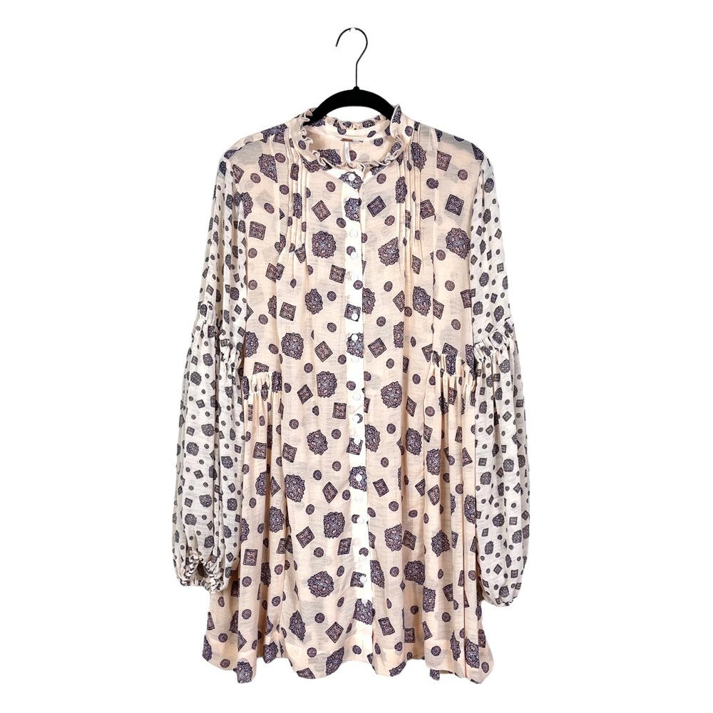Free People Turn Turn Summer Mini Dress Pink Peach Semi Sheer Balloon Sleeve S